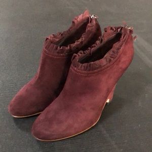 Miu Miu Suede Burgundy Ankle Boots with Semi Pointed Toes Wedge Heels Zip Close